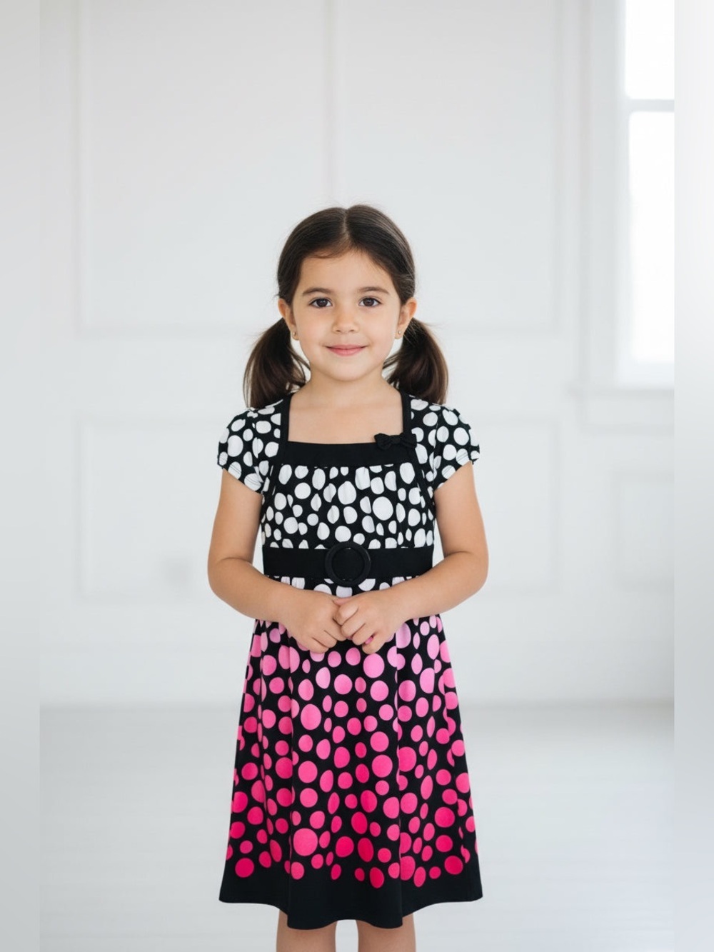 Echo Black White and Pink Polka Dot Girls Casual Dress